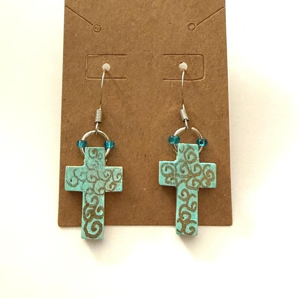 Handmade spiral design wooden cross‎ pierced earrings hand painted